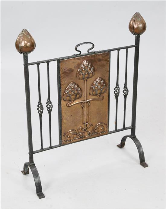 An Art Nouveau copper and steel fire screen, W. 1ft 10in. H. 2ft 4in.